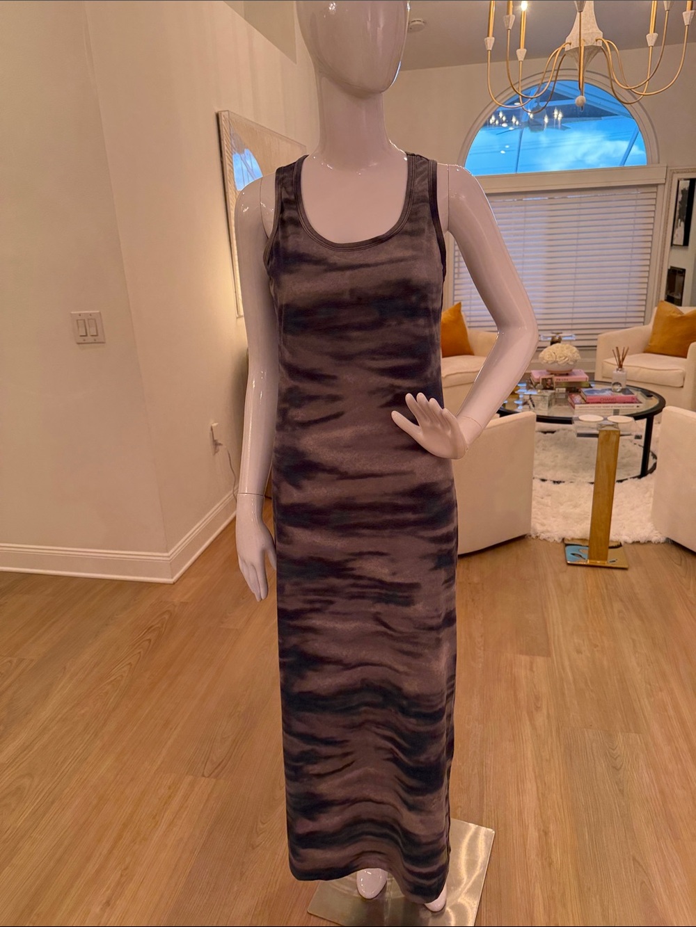 Sleeveless Tie-Dye Midi Tank Dress in Charcoal/Blue